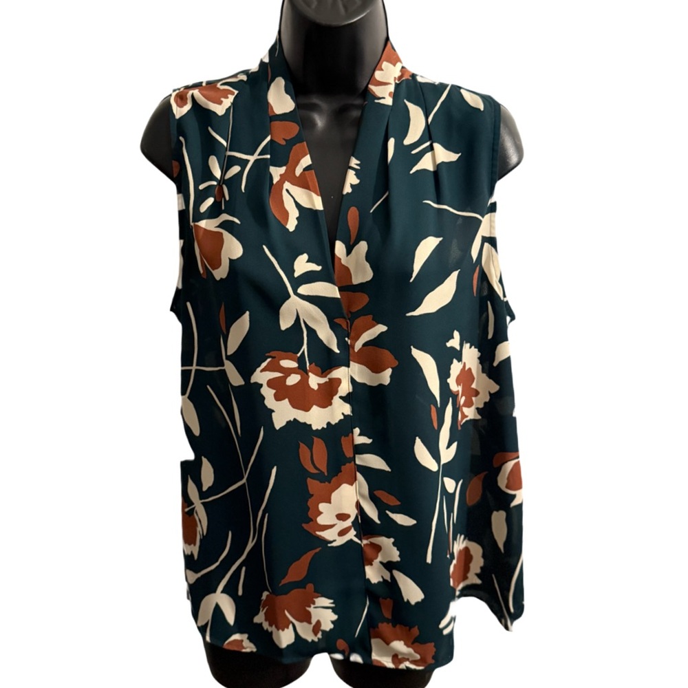 Ann Taylor Factory Green and Brown Floral Sleeveless Blouse